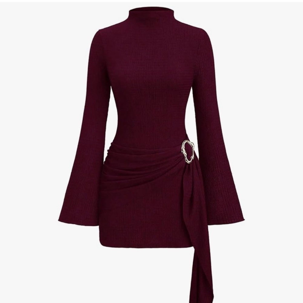 Burgundy Mock Neck Mini Dress with Decorative Buckle Worn Once - Picture 1 of 4